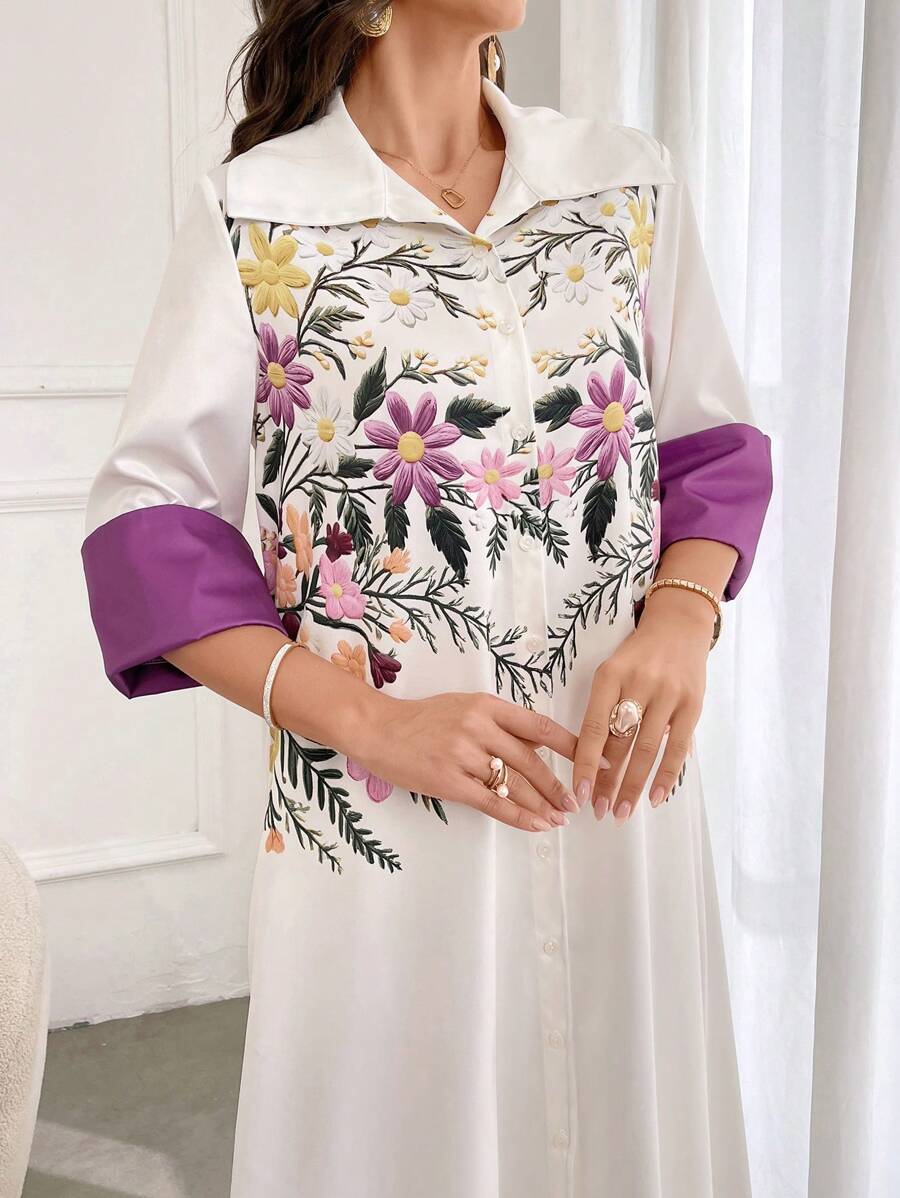 Al Najma 优雅花卉印花朴素连衣裙，春夏 - 紫色 - 查看 1