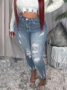 Ladies' Skinny Jeans With Multiple Ripped Details And Skinny Fit - Light Wash - View 3