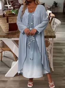 SHEIN 2pcs Plus Size Spring & Autumn Elegant Lace Dress Set Fall Cloth For Women - Blue - View 6