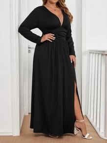 Gownix Black Long Sleeve Dress, Soft & Comfortable Plus Size Women Knitted Elegant Layering Dress For Fall & Winter - Black - View 6