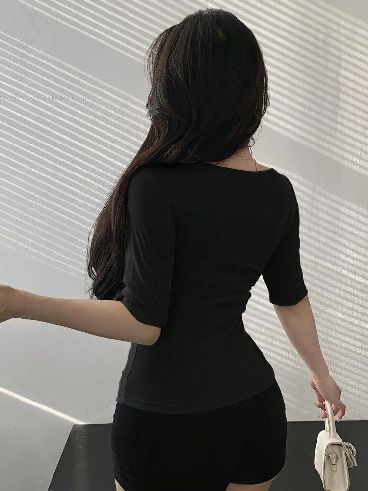 Women's Summer Solid Pleated V-Neck Short Sleeve Slim Fit T-Shirt Going Out Tops Women