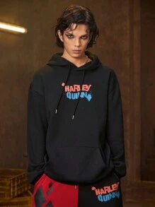 ROMWE MEN Harley Quinn | ROMWE Men's Minimalist Print Hooded Sweatshirt And Pants Set - Black - View 4