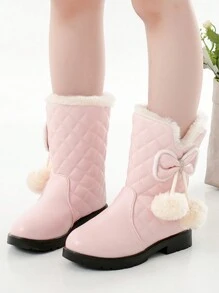 儿童靴子，女童冬季毛绒内衬皮革舒适保暖休闲户外雪地靴 - 粉色 - 查看 3