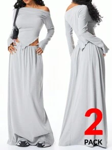 SHEIN EZwear Women's Fall/Winter Back To School Basic Date Night Casual Flannelette Stretchy Comfortable Thermal Lined Rib Knit Off Shoulder T Shirt & Maxi Skirts Sets,Women Fall Sets