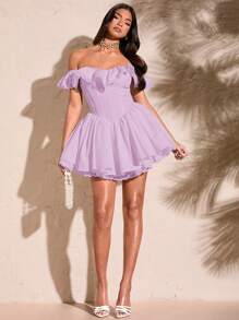 SHEIN BAE Đầm xòe ren hở vai màu trắng gợi cảm ngọt ngào cho nữ mùa hè tay lỡ xếp ly ngực viền ren ngọt ngào - Màu Lilac Tím - Xem 3