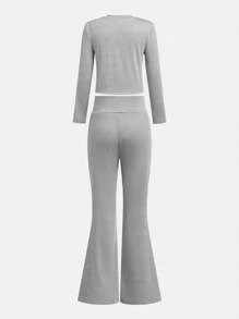 2sets Tween Girl Basic Grey & Black Long Sleeve Knit Top & High Waist Flare Knit Pants Sets