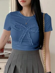 DAZY 女式夏季荷叶边装饰领结纯色圆领短袖休闲 T 恤、女式短款上衣、图案 T 恤 - 藍色 - 查看 3