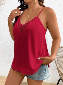 SHEIN Frenchy Plus Size Solid Color Lace Patchwork V-Neck Camisole Top - Burgundy - View 6