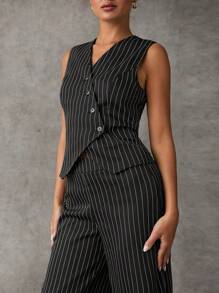SHEIN BAE Fashionable Striped Vest And Pants Suit Women Two Pieces Sets Fall Two Pieces Sets Winter Women Clothes Business Casual Women V-Neck Asymmetric Placket Suit Vest And Striped Floor-Length Trousers Women's Suit Suitable For School And Office Outings