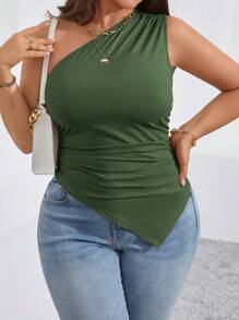 SHEIN Clasi Blusa casual sin mangas de cuello asimétrico de unicolor para mujer de talla grande