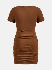 SHEIN 3pcs/Set Tween Girl Solid Color Crew Neck Fitted Casual Short Sleeve Dress Set - Khaki - View 8