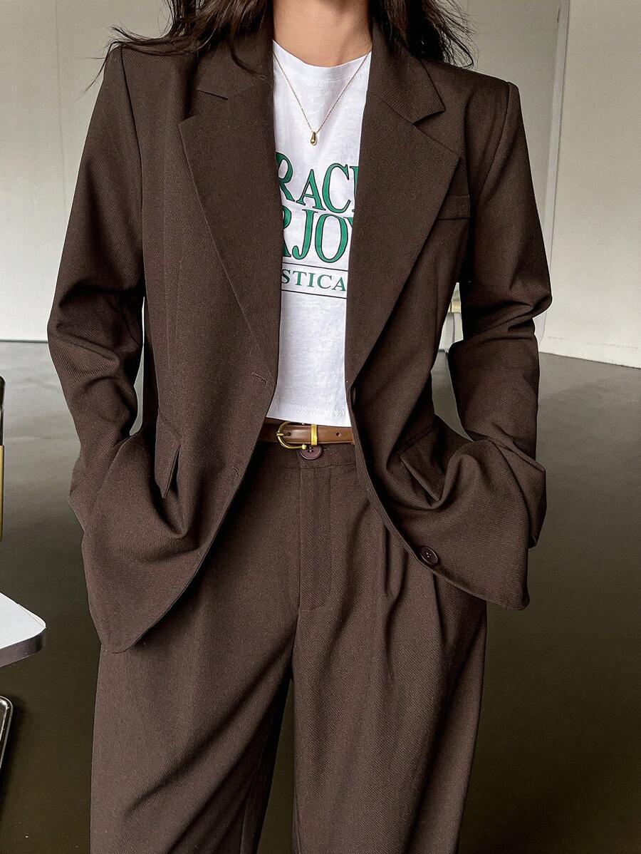 Dazy-Less 2pcs Women Business Casual Style Suit Set Old Money Old Money Style Linen,Fall Clothes - Brown - View 1