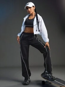 SHEIN Sports 女式复古条纹宽松休闲裤 - 黑色 - 查看 11