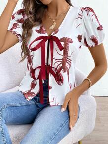 Chiquease All-Over Lobster Print Short Sleeve Button-Down Shirt, Casual Everyday Wear