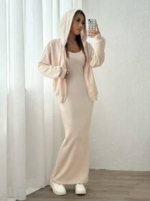 SHEIN EZwear 2 Stück Set für Damen bestehend aus einfarbiger Kapuzenjacke mit Reißverschluss vorne und lässigem Kleid