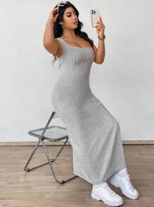 Flirla 加大码纯色无袖扭纹镂空开衩紧身休闲中长连衣裙长款女装 - 淺灰色 - 查看 3