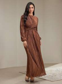 Veilorie 女士优雅纯色扭结腰带褶皱连衣裙，春秋季款，端庄得体 - 巧克力棕 - 查看 6