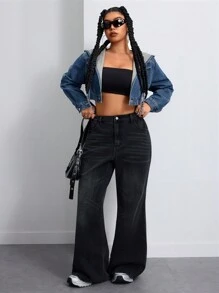 Jeanoix Chaqueta corta de mezclilla azul oscuro para mujer talla grande, para otoño - Azul lavado medio - Ver 5