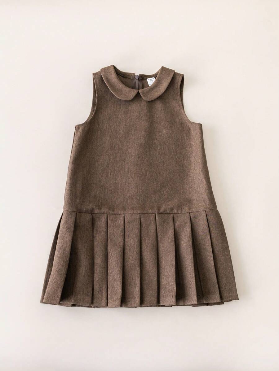 SHEIN X JIMENA & MATEO PrepCrw PrepCrw Young Girls' Brown Loose Woven Sleeveless Casual Dress, School Style, Autumn/Winter Girls School Uniform Teen Girl Clothes For School Uniform School For Girls School Dress First Day Of School Outfits Cute Back To School Clothes Cute Tops For School Dress
