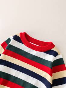 PrepCrw Chandail tricoté à col rond, manches longues, coupe ample, rayures rouges et blanches, pour jeunes filles, pour la rentrée scolaire, automne/hiver