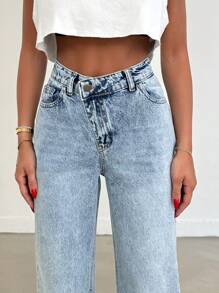 EURMUSE 100% 纯棉女式腰带纽扣偏置口袋直腿牛仔裤 - 淺色水洗藍 - 查看 3