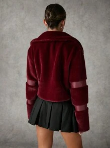 SHEIN BAE Women's Solid Long Sleeve Turndown Collar Casual Loose Fluffy Jacket, Winter Fall Women Jackets Winter Women Coat Winter Women Clothes Fur Coat Red Burgundy Women Fur Coat - Burgundy - View 4