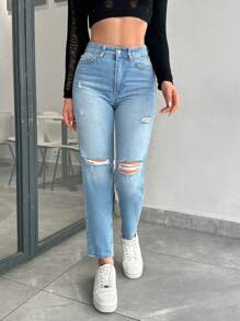 RueChic 100% Cotton HIGH RISE RIPPED MOM FIT JEANS - Medium Wash - View 4