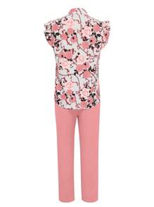 Xyvia 2 件套女式夏季休闲花卉印花荷叶边衬衫和纯色长裤套装