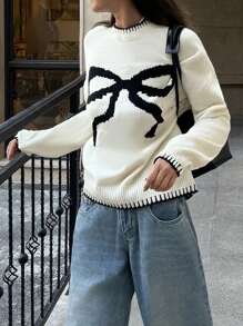 SHEIN Frenchy Women's Chunky Knit Bow Colorblock Oversized Loose Pullover Sweater, Women's Chunky Knit Bow Colorblock Oversized Loose Pullover Sweater Fall Casual Knit With Bow Decor, Oversized Crew Neck And Dropped Shoulders For Women, Fall/Winter For Women/Halloween Sweater/Essentials/Christmas/Women's Office Attire/Basic/Cute., Long Sleeve Tops - Beige - View 6