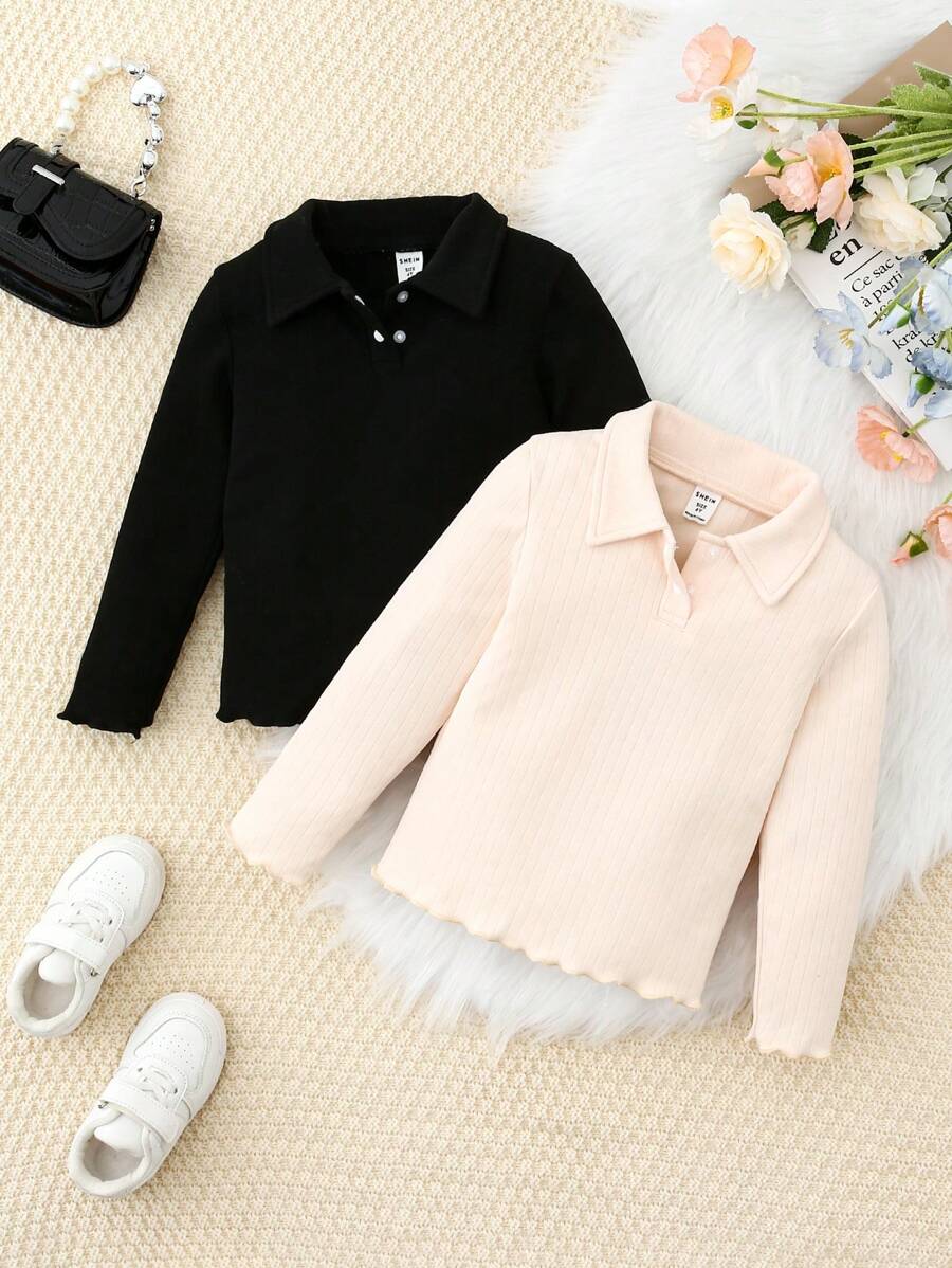 2 pièces/set Sous-vêtements longs à manches longues simples et confortables pour jeune fille, couleurs abricot et noir unicolore - Multicolore - Voir 1