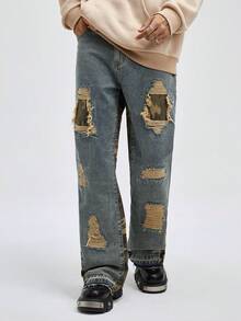 ROMWE MEN Street Life Quần Jeans Ống Thẳng Màu Tương Phản Rách Rách Ngụy Trang Cho Nam - Rượu sâm banh - Xem 4