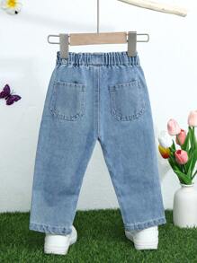 Jean décontracté bleu pour bébé filles avec décoration de fleurs 3D et coupe ample - Jean bleu - Voir 2