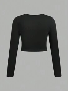 SHEIN EZwear 3pcs/Set Casual Minimalist Black, White, Pink Round Neck Long Sleeve Cropped Fitted Plus Size Women T-Shirts, Summer Pullover - Multicolor - View 4