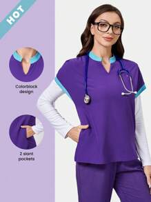 TaskEZ Parte superior de uniforme de manga corta tipo murciélago de cuello en V de color contrastante, parte superior de uniforme clásica moderna suave con ribete de contraste