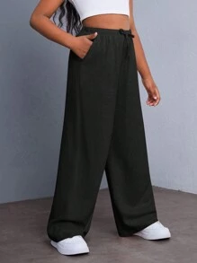SHEIN Pantalones anchos de pierna ancha sólidos cómodos informales para niña preadolescente - Negro - Ver 6