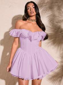 SHEIN BAE Đầm xòe ren hở vai màu trắng gợi cảm ngọt ngào cho nữ mùa hè tay lỡ xếp ly ngực viền ren ngọt ngào - Màu Lilac Tím - Xem 6