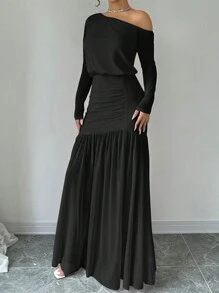 Selianne Elegant Asymmetrical Neck Dress For Women Maxi Women Outfit Fall Cloth For Women - Black - View 3