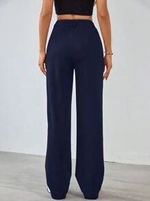 SHEIN Tall Women's Solid Color Zipper Built-In Straight Pants - Navy Blue - View 2