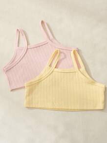 2pcs/Set Young Girls' Simple Cute Yellow And Pink Embroidered Camisole Underwear Set - Multicolor - View 2