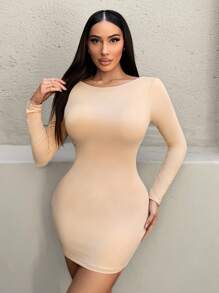 Zolique Seksowna Elegancka Sukienka Z Długim Rękawem Z Odkrytymi Plecami, Jednolity Kolor, Dopasowana, Jesienne Sukienki Damskie, Sukienki Na Imprezę, Sukienka Na Bal Urodzinowy Krótka - Morela - Zobacz 4