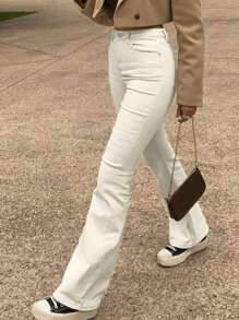 MYOURSA 女式喇叭裤弹力高腰牛仔裤喇叭裤优雅休闲日常工作约会街头服饰校园时尚服装白色 - 白色 - 查看 5