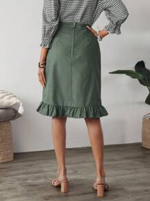 SHEIN LUNE Ruffle Trim Wrapped Denim Knee-Length Skirt - Green - View 2