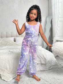 SHEIN 2 piezas Conjunto de parte superior sin mangas y pantalón de estar en casa con estampado animal de diseño sencillo de polar para niñas preadolescentes, otoño/invierno