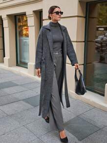 EURMUSE Maxi Cardigan With Belt Outwear Jacket Fall Winter - Grey - View 1