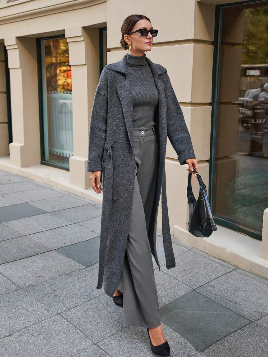 EURMUSE Maxi Cardigan With Belt Outwear Jacket Fall Winter - Grey - View 1