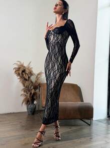 SHEIN Privé Damen elegantes romantisches Minimalismus Partykleid mit quadratischem Ausschnitt, Spitzenärmeln und Bodycon Schnitt