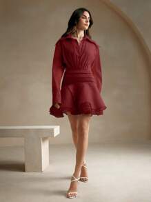 Anewsta 女士欧美小众设计荷叶边下摆休闲褶皱腰荷叶边迷你连衣裙酒红色欧根纱女装 - 酒紅色 - 查看 6