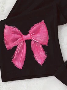 SHEIN 2 件套 Tween Girls 舒适黑色蝴蝶结印花休闲运动衫和裤子家居服套装 - 黑色 - 查看 5