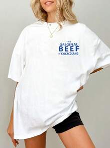 INAWLY T-shirt casual à col rond, manches courtes, avec imprimé lettres - Blanc - Voir 2