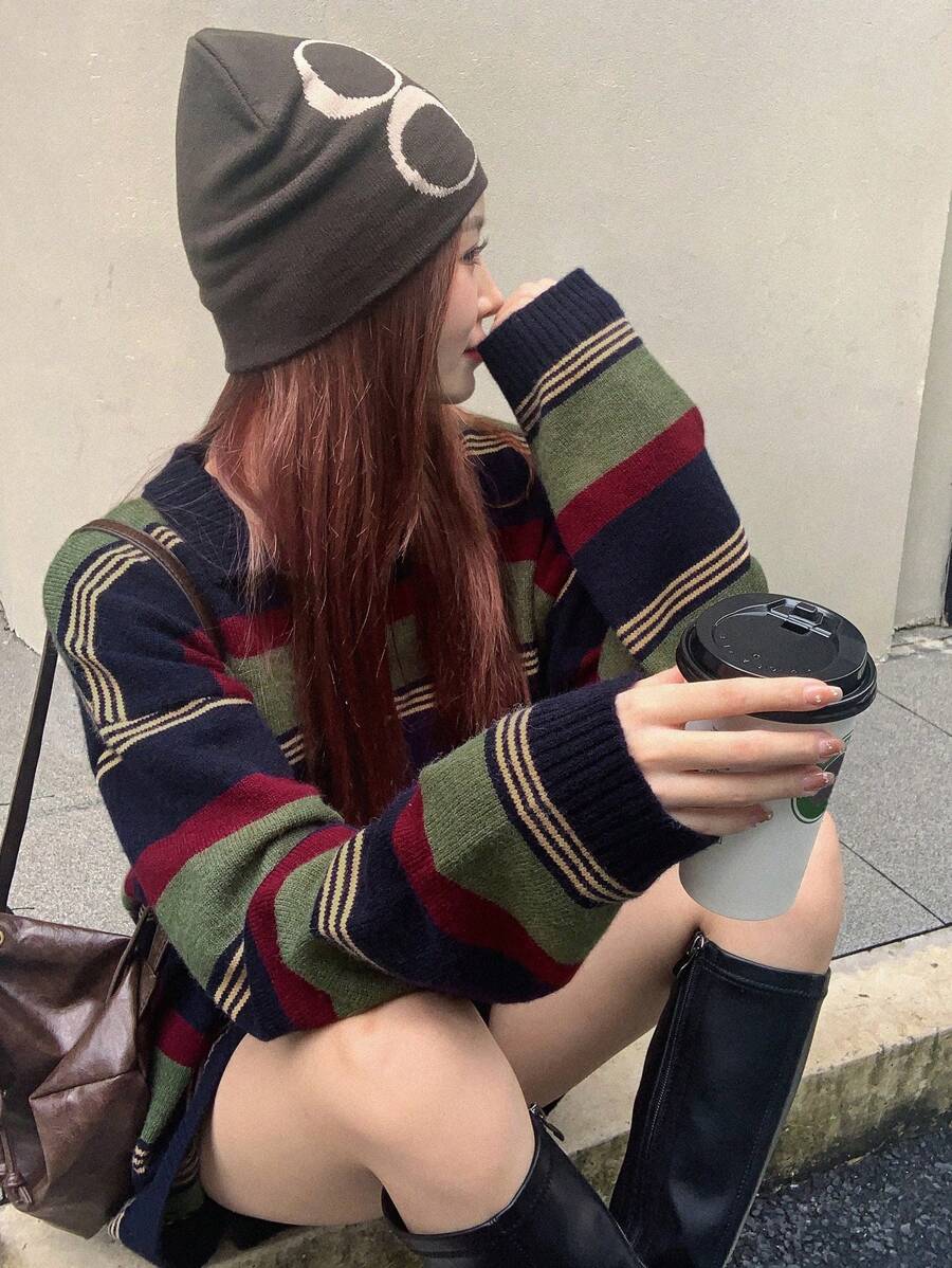 DAZY Striped Drop Shoulder Polo Neck Sweater,Long Sleeve Tops Fall - Multicolor - View 1